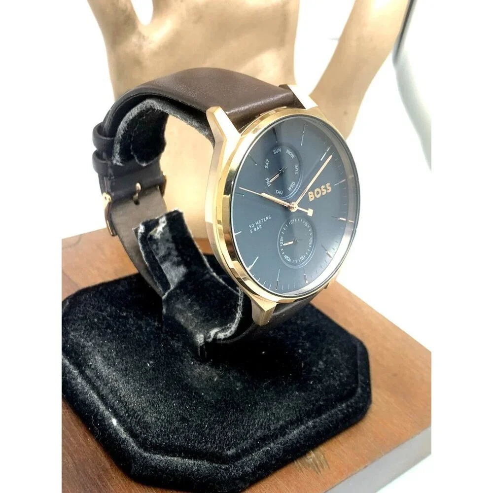 Hugo Boss Mens Watch 1514103 Tyler Quartz Rose Gold Blue Dial Brown Leather 43mm
